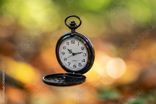 zegarek kieszonkowy na rozmytym tle jesiennych liści