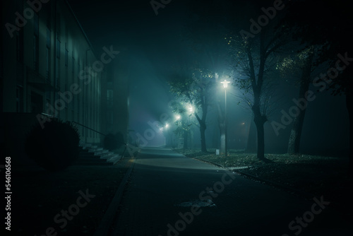 zabudowania przy drodze w nocnej mgle rozświetlonej latarniami