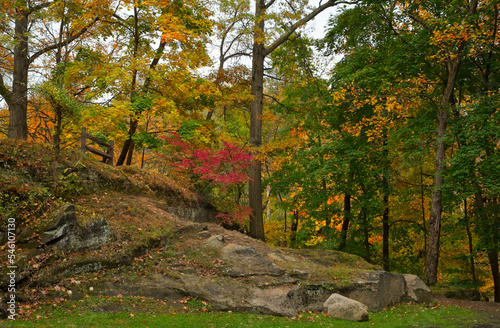 Old rocky outcrop amid fall colors in a northern Ohio park
