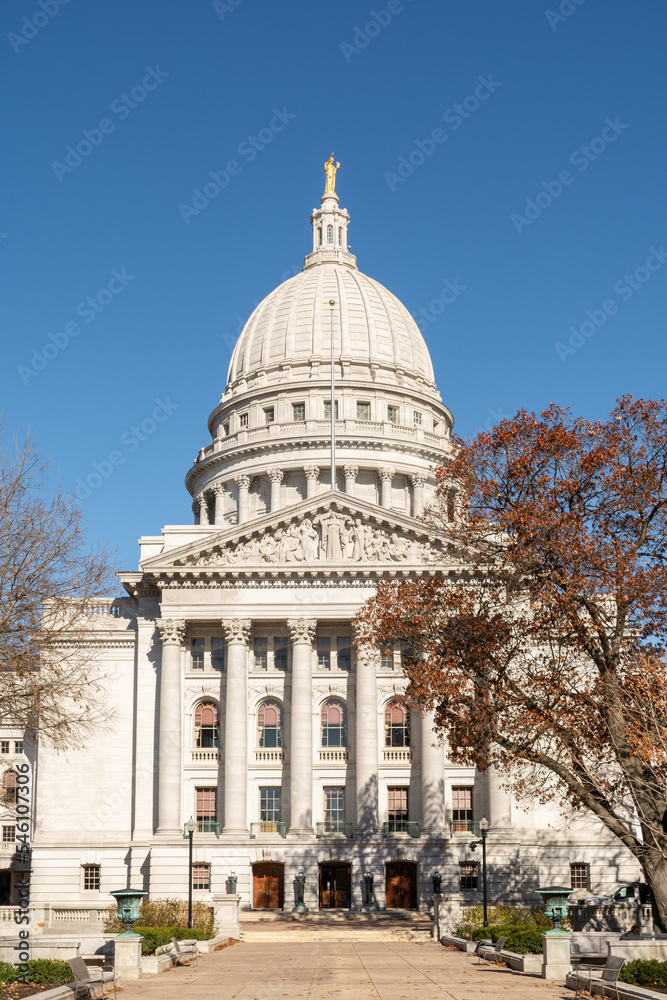 Morning light on the Wisconsin state capitol building  in late fall.  Madison, Wisconsin, USA.
