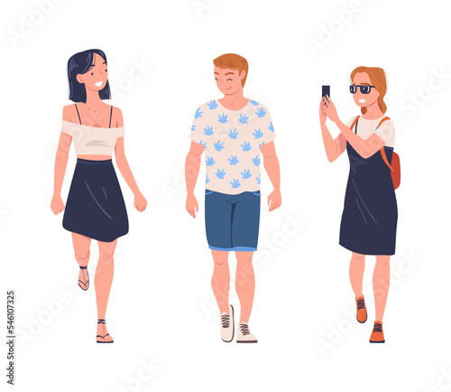 Walking Man and Woman Character Strolling in the Street and Smiling Vector Set