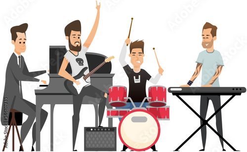 Diverse jazz band performs on stage isolated on white. Group of musicians playing by musical instrument performing at concert. Play on saxophone, piano, drum. Hobbies and profession, rock group
