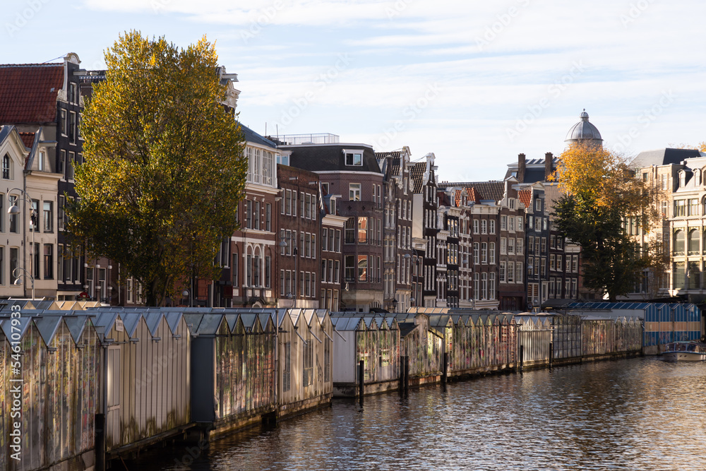Amsterdam floating flower market and tall narrow historic canal houses along the Singel in the center of the capital.