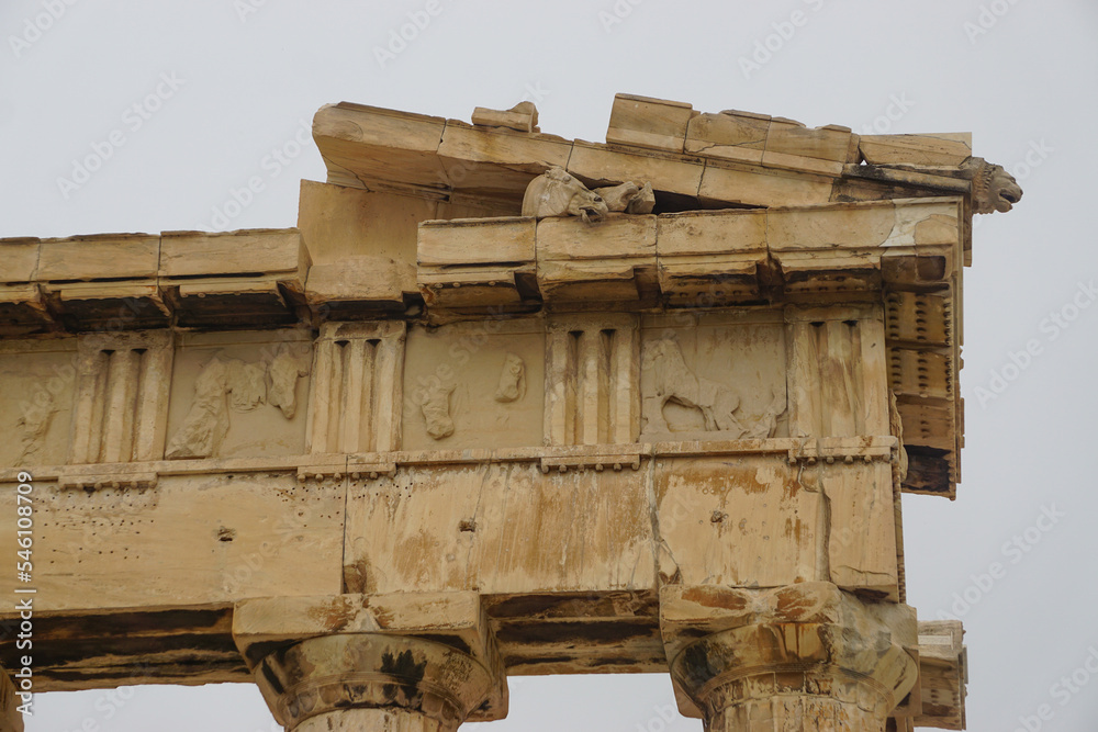 Athens, Greece: Detail of the Parthenon, 447-438 BCE, at the Acropolis of Athens, under a hazy sky caused by dust pollution. Athens, Greece: Detail of the Parthenon, 447-438 BCE, at the Acropolis of Athens, under a hazy sky caused by dust pollution.