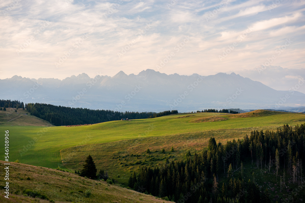 High Tatras from Panska Hola, Low Tatras National Park Slovakia.Green meadows and mountains in the background.