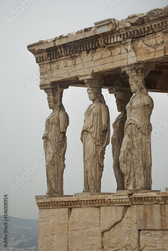 Athens, Greece: The porch of the Caryatids, a detail of the Erechtheion at the Acropolis of Athens, built in the Ionic style 421 to 405 BC.