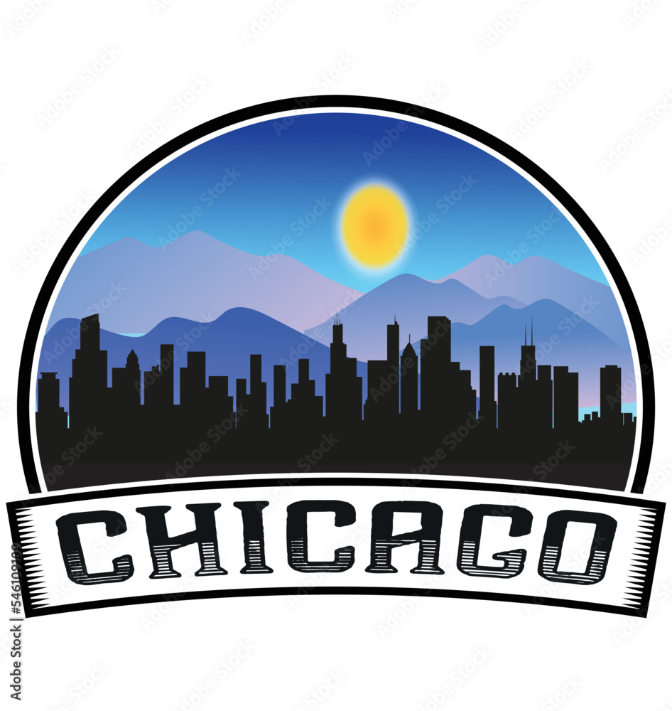 Chicago Illinois USA Skyline Sunset Travel Souvenir Sticker Logo Badge Stamp Emblem Coat of Arms Vector Illustration EPS