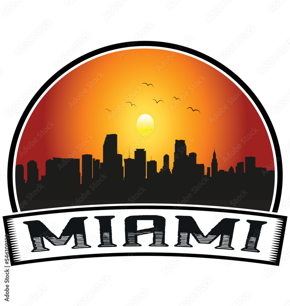 Miami Florida USA Skyline Sunset Travel Souvenir Sticker Logo Badge Stamp Emblem Coat of Arms Vector Illustration EPS