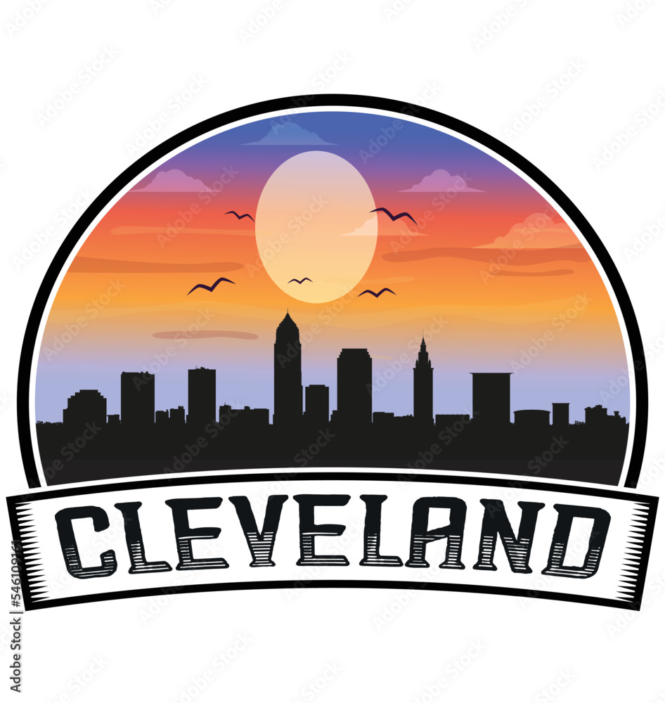 Cleveland Ohio USA Skyline Sunset Travel Souvenir Sticker Logo Badge Stamp Emblem Coat of Arms Vector Illustration EPS