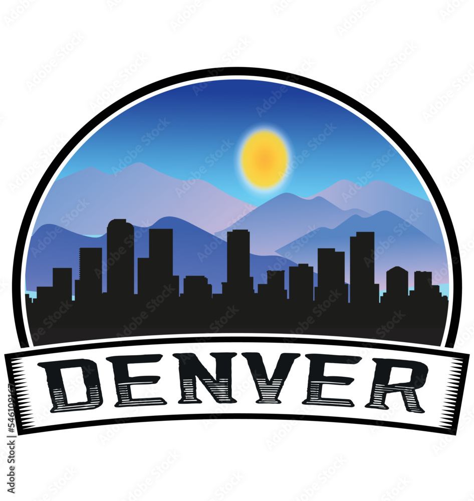 Denver Colorado USA Skyline Sunset Travel Souvenir Sticker Logo Badge Stamp Emblem Coat of Arms Vector Illustration EPS