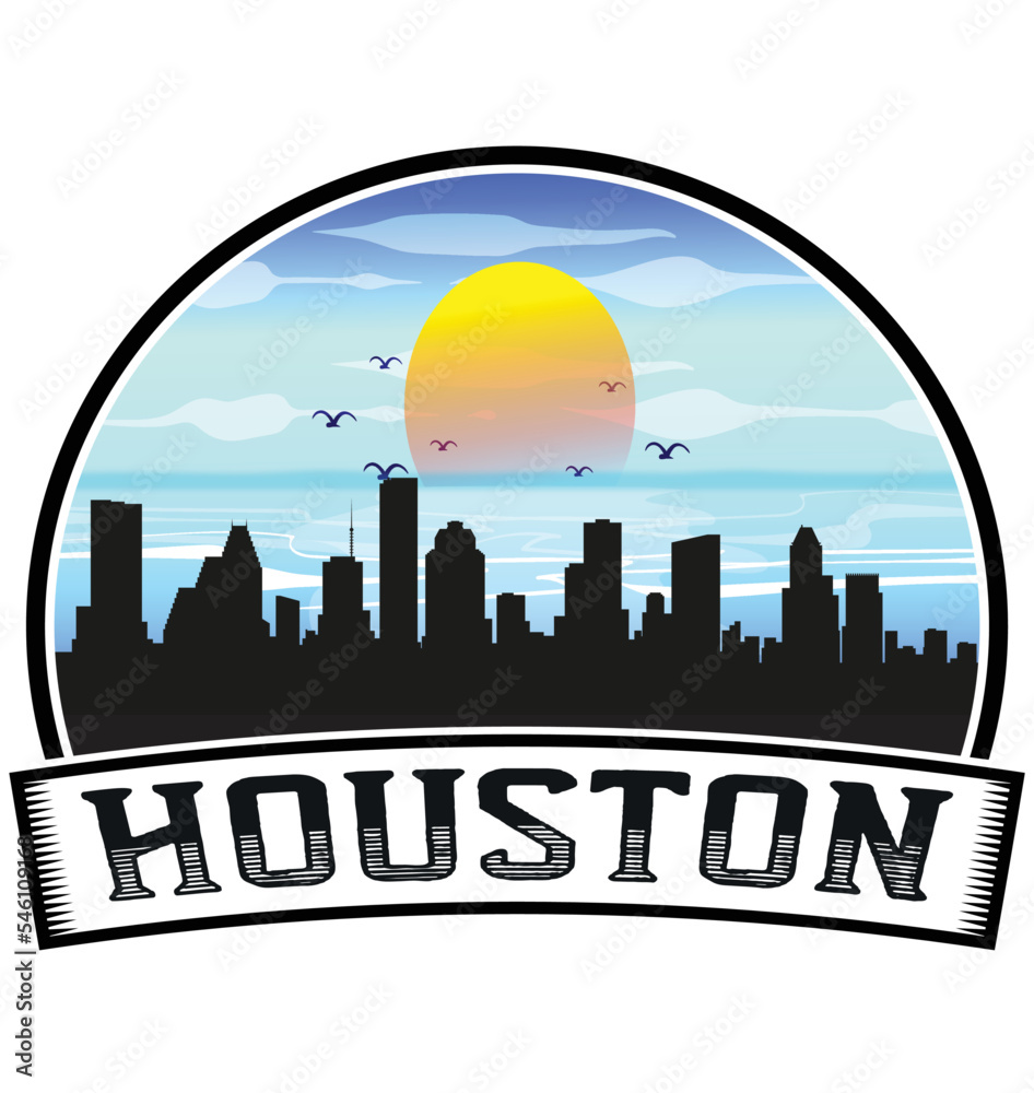 Houston Texas USA Skyline Sunset Travel Souvenir Sticker Logo Badge Stamp Emblem Coat of Arms Vector Illustration EPS