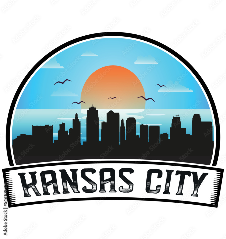 Kansas City Missouri USA Skyline Sunset Travel Souvenir Sticker Logo Badge Stamp Emblem Coat of Arms Vector Illustration EPS