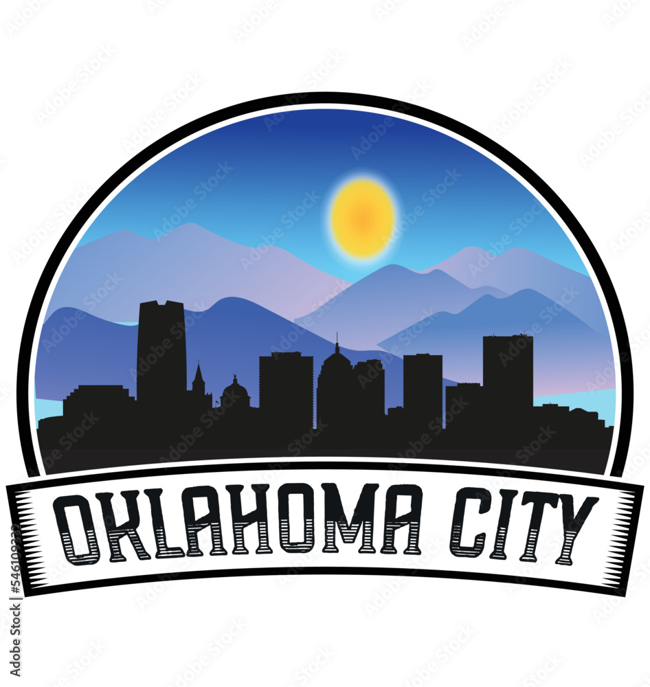 Oklahoma City Oklahoma USA Skyline Sunset Travel Souvenir Sticker Logo Badge Stamp Emblem Coat of Arms Vector Illustration EPS