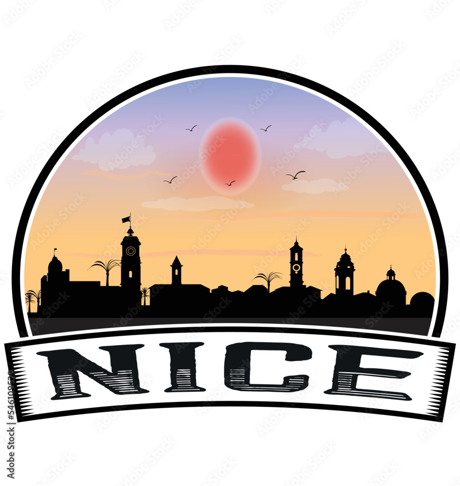 Nice France Skyline Sunset Travel Souvenir Sticker Logo Badge Stamp Emblem Coat of Arms Vector Illustration EPS