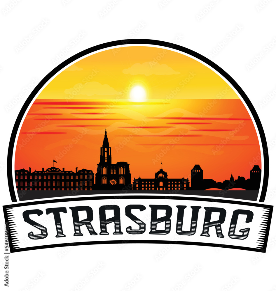 Strasburg France Skyline Sunset Travel Souvenir Sticker Logo Badge Stamp Emblem Coat of Arms Vector Illustration EPS