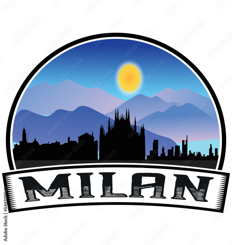 Milan Italy Skyline Sunset Travel Souvenir Sticker Logo Badge Stamp Emblem Coat of Arms Vector Illustration EPS