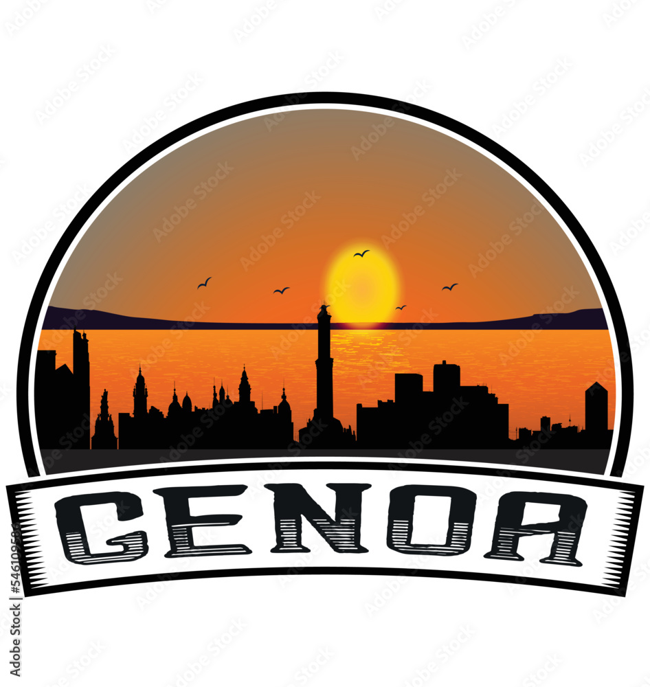 Genoa Italy Skyline Sunset Travel Souvenir Sticker Logo Badge Stamp Emblem Coat of Arms Vector Illustration EPS