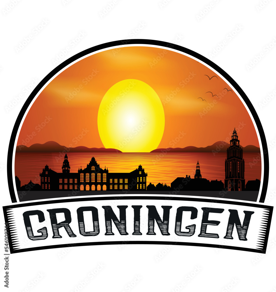Groningen Netherlands Skyline Sunset Travel Souvenir Sticker Logo Badge Stamp Emblem Coat of Arms Vector Illustration EPS