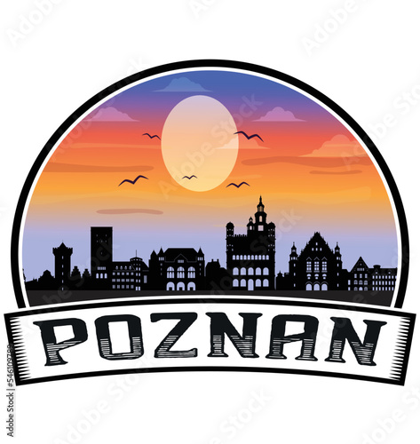 Poznan Poland Skyline Sunset Travel Souvenir Sticker Logo Badge Stamp Emblem Coat of Arms Vector Illustration EPS