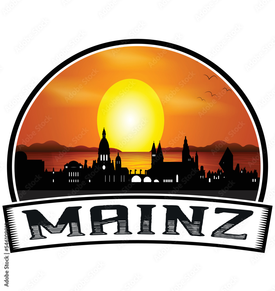 Mainz Germany Skyline Sunset Travel Souvenir Sticker Logo Badge Stamp Emblem Coat of Arms Vector Illustration EPS