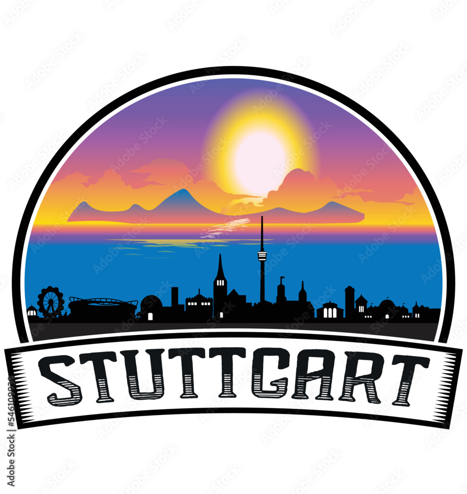 Stuttgart Germany Skyline Sunset Travel Souvenir Sticker Logo Badge Stamp Emblem Coat of Arms Vector Illustration EPS