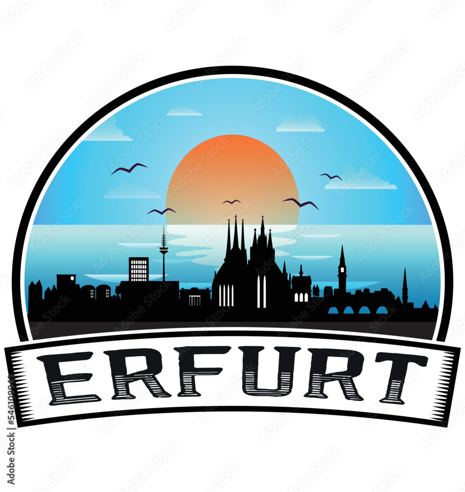 Erfurt Germany Skyline Sunset Travel Souvenir Sticker Logo Badge Stamp Emblem Coat of Arms Vector Illustration EPS