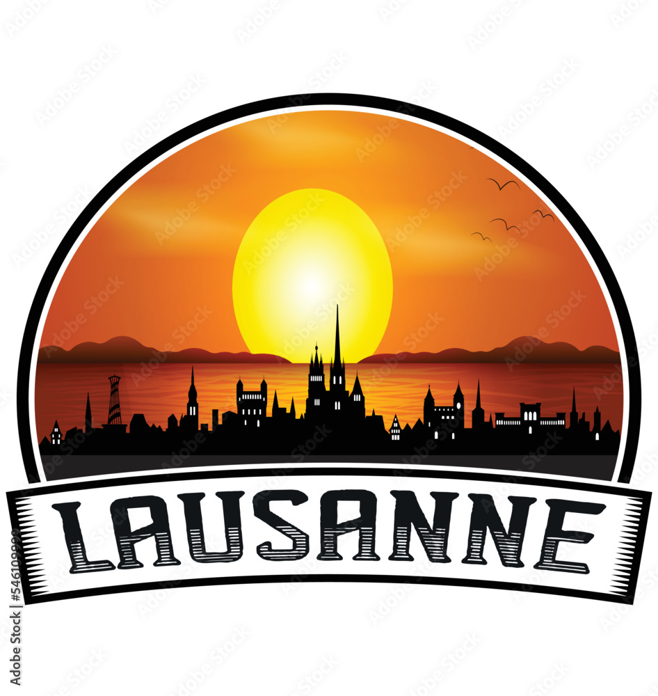 Lausanne Switzerland Skyline Sunset Travel Souvenir Sticker Logo Badge Stamp Emblem Coat of Arms Vector Illustration EPS