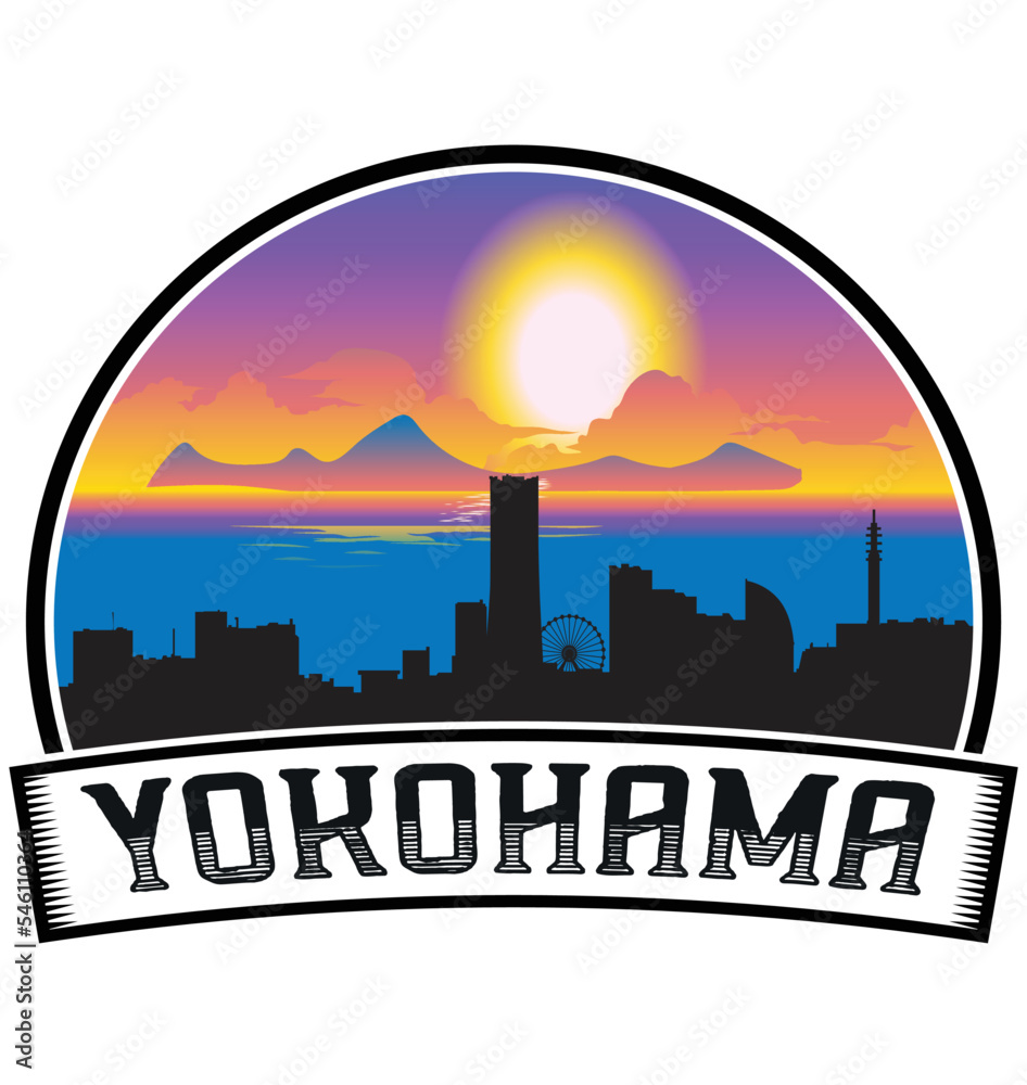 Yokohama Japan Skyline Sunset Travel Souvenir Sticker Logo Badge Stamp Emblem Coat of Arms Vector Illustration EPS