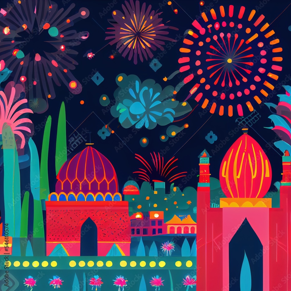 Fototapeta premium New year's fireworks, city landscape generated with Artificial Intelligence