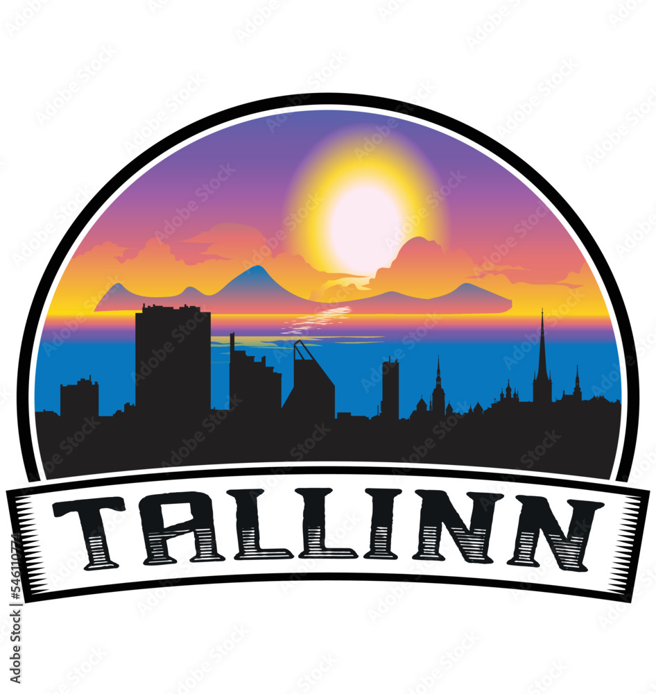 Tallinn Estonia Skyline Sunset Travel Souvenir Sticker Logo Badge Stamp Emblem Coat of Arms Vector Illustration EPS