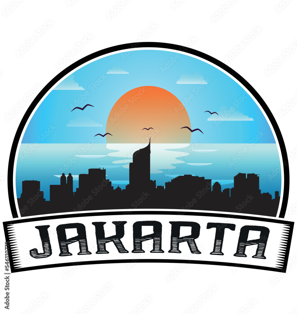 Jakarta Indonesia Skyline Sunset Travel Souvenir Sticker Logo Badge Stamp Emblem Coat of Arms Vector Illustration EPS