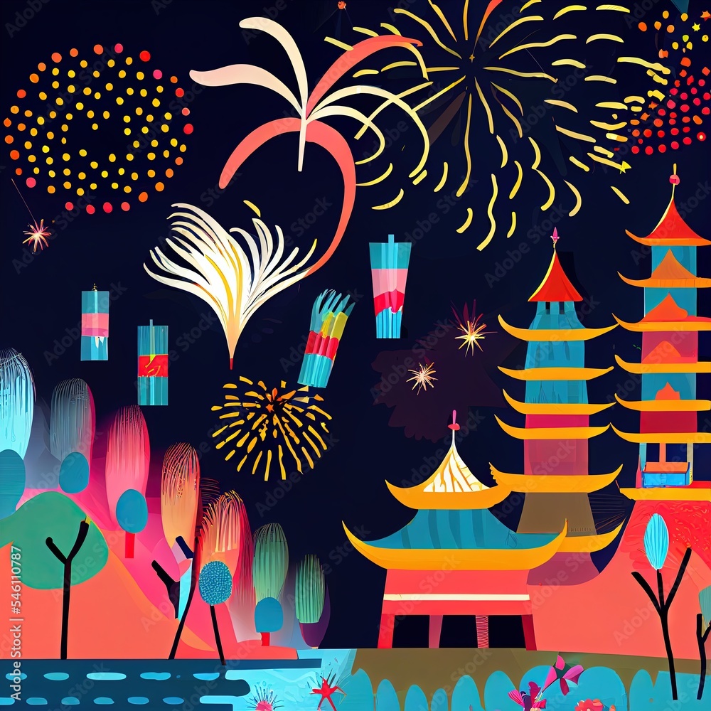 Fototapeta premium New year's fireworks, city landscape generated with Artificial Intelligence