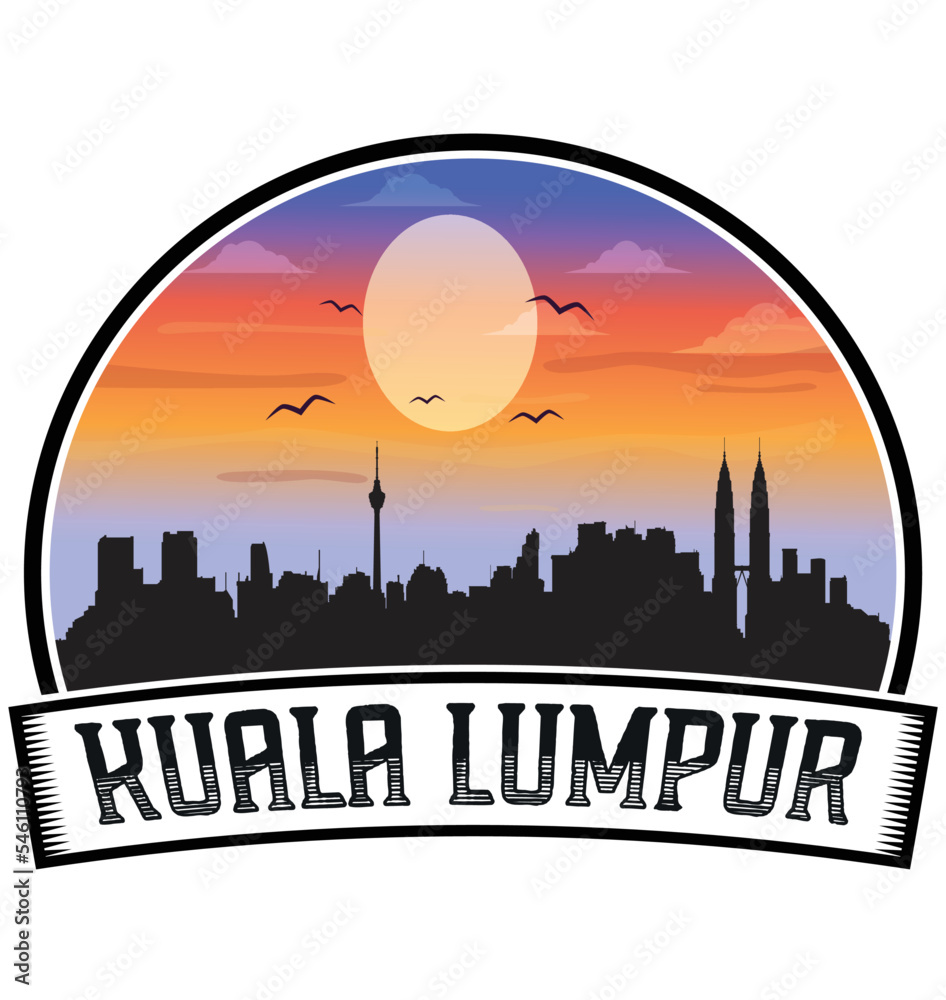 Kuala Lumpur Malaysia Skyline Sunset Travel Souvenir Sticker Logo Badge Stamp Emblem Coat of Arms Vector Illustration EPS