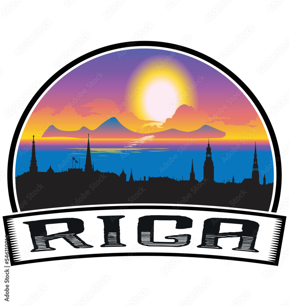 Riga Latvia Skyline Sunset Travel Souvenir Sticker Logo Badge Stamp Emblem Coat of Arms Vector Illustration EPS