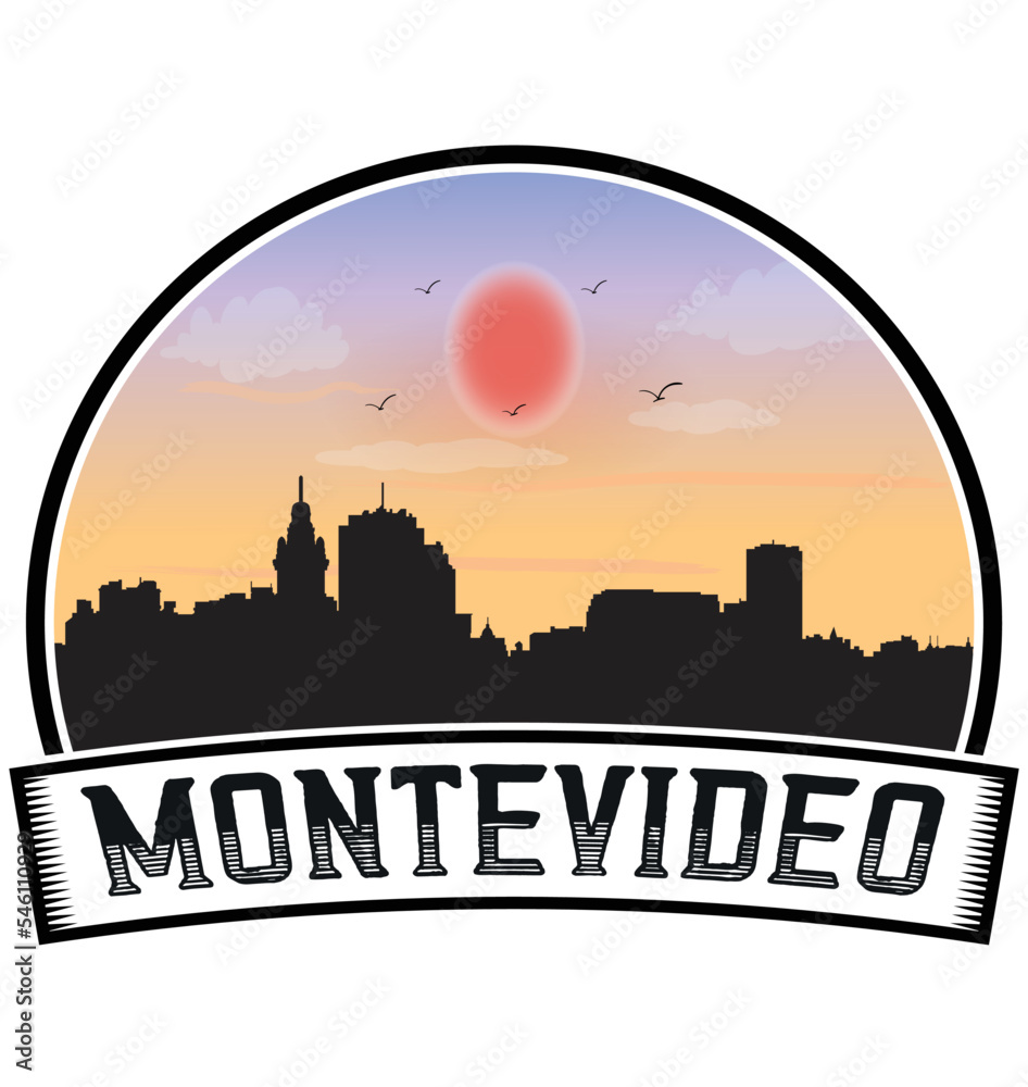 Montevideo Uruguay Skyline Sunset Travel Souvenir Sticker Logo Badge Stamp Emblem Coat of Arms Vector Illustration EPS