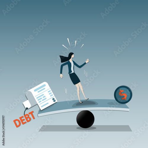 Flat of finance concept, Young woman try to keep her balance - vector
