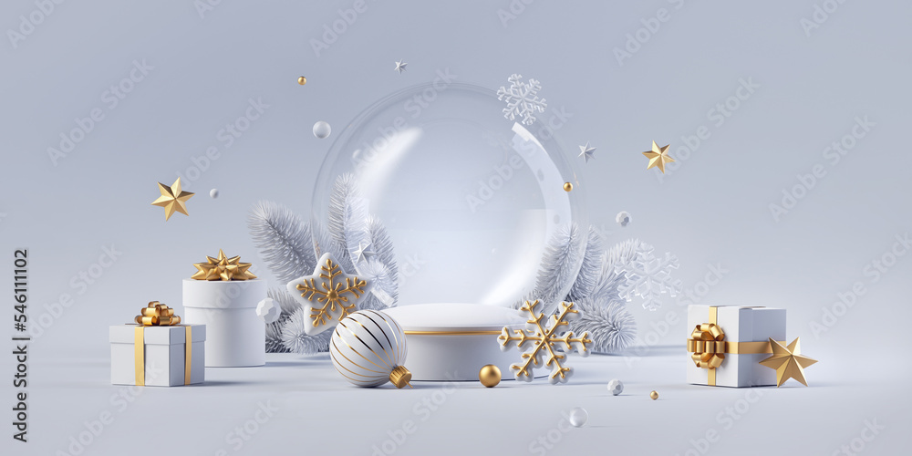 Fototapeta 3d render. Winter holiday wallpaper. Festive white and gold Christmas ornaments and baubles. Empty glass snow ball isolated on white background