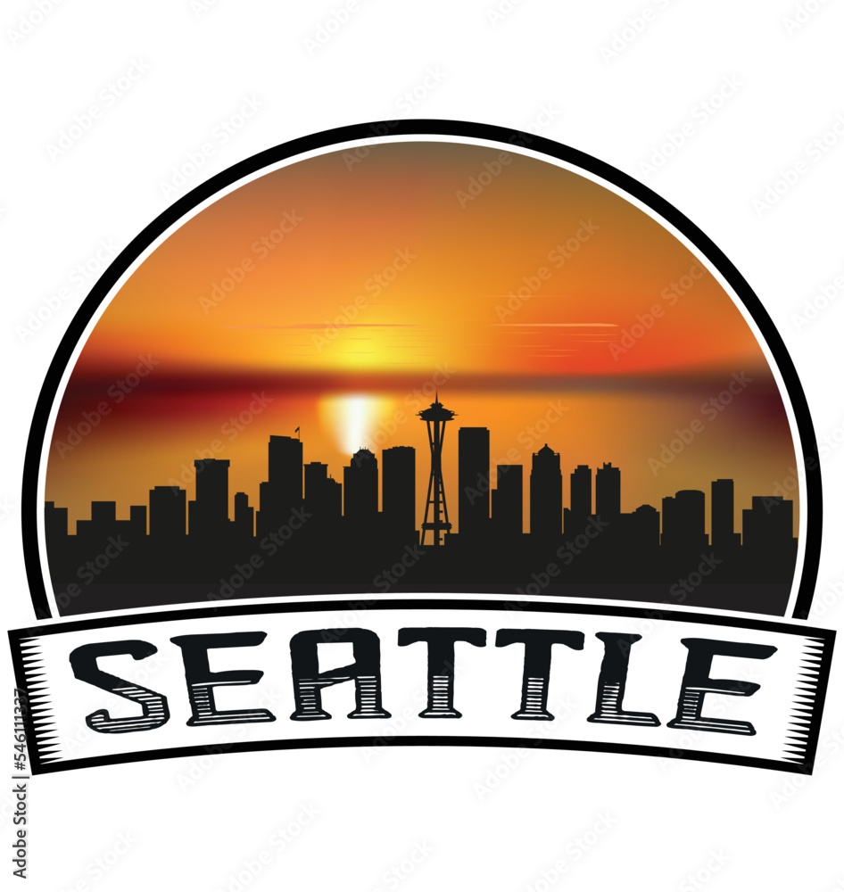 Seattle Washington USA Skyline Sunset Travel Souvenir Sticker Logo Badge Stamp Emblem Coat of Arms Vector Illustration EPS