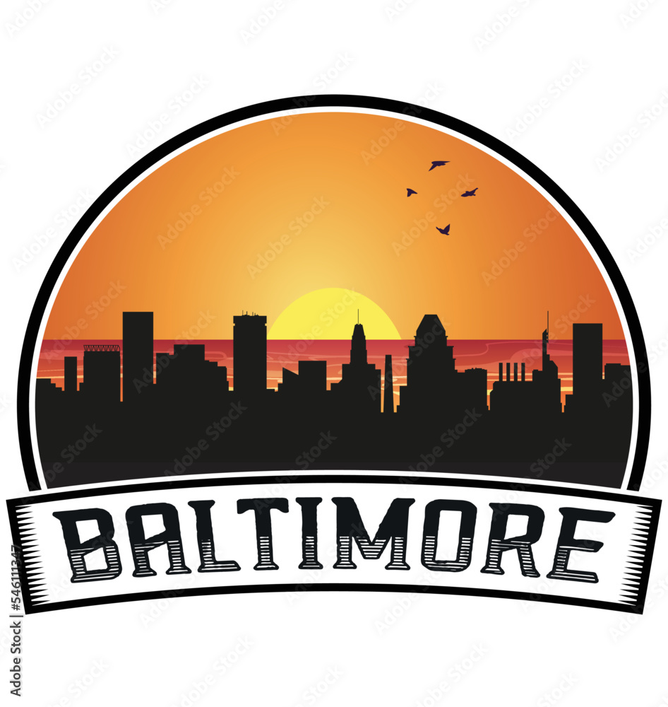 Baltimore Maryland USA Skyline Sunset Travel Souvenir Sticker Logo Badge Stamp Emblem Coat of Arms Vector Illustration EPS