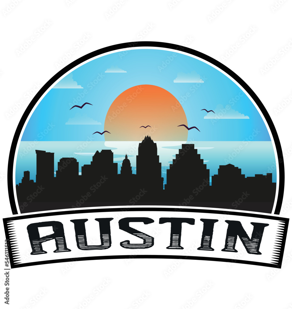 Austin Texas USA Skyline Sunset Travel Souvenir Sticker Logo Badge Stamp Emblem Coat of Arms Vector Illustration EPS