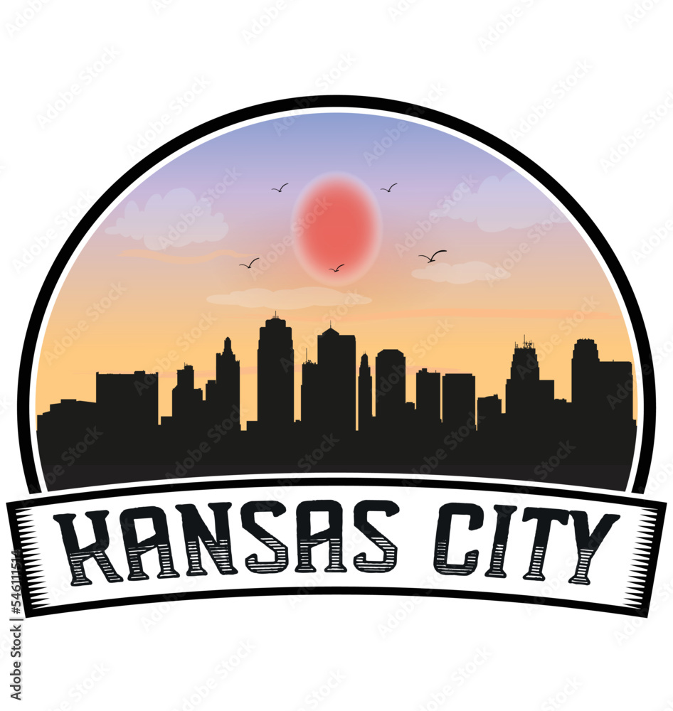 Kansas City Missouri USA Skyline Sunset Travel Souvenir Sticker Logo Badge Stamp Emblem Coat of Arms Vector Illustration EPS