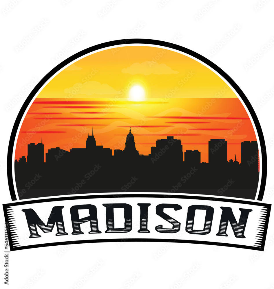 Madison Wisconsin USA Skyline Sunset Travel Souvenir Sticker Logo Badge Stamp Emblem Coat of Arms Vector Illustration EPS