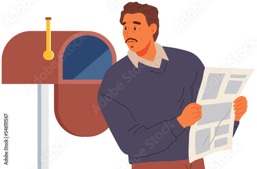 Father reads newspaper as his day routine, man stands outdoors at postbox and reads paper. Open eyed man with magazine in his hands emotional facial expression stand at mailbox isolated on white