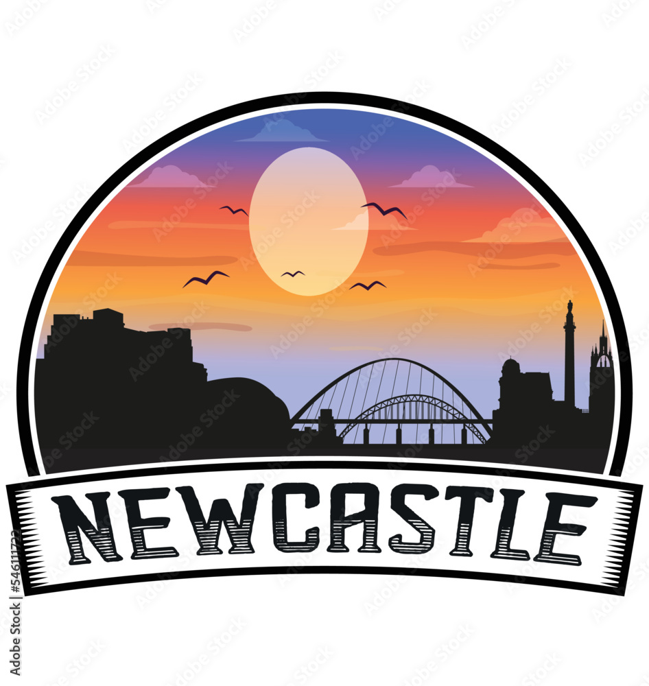 Newcastle England Skyline Sunset Travel Souvenir Sticker Logo Badge Stamp Emblem Coat of Arms Vector Illustration EPS
