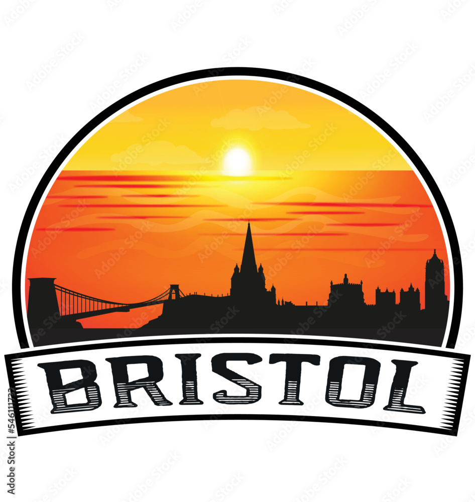 Bristol England Skyline Sunset Travel Souvenir Sticker Logo Badge Stamp Emblem Coat of Arms Vector Illustration EPS