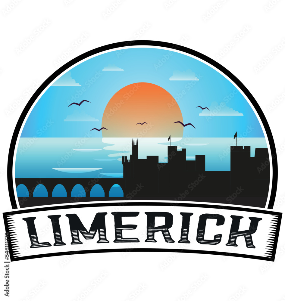 Limerick Ireland Skyline Sunset Travel Souvenir Sticker Logo Badge Stamp Emblem Coat of Arms Vector Illustration EPS