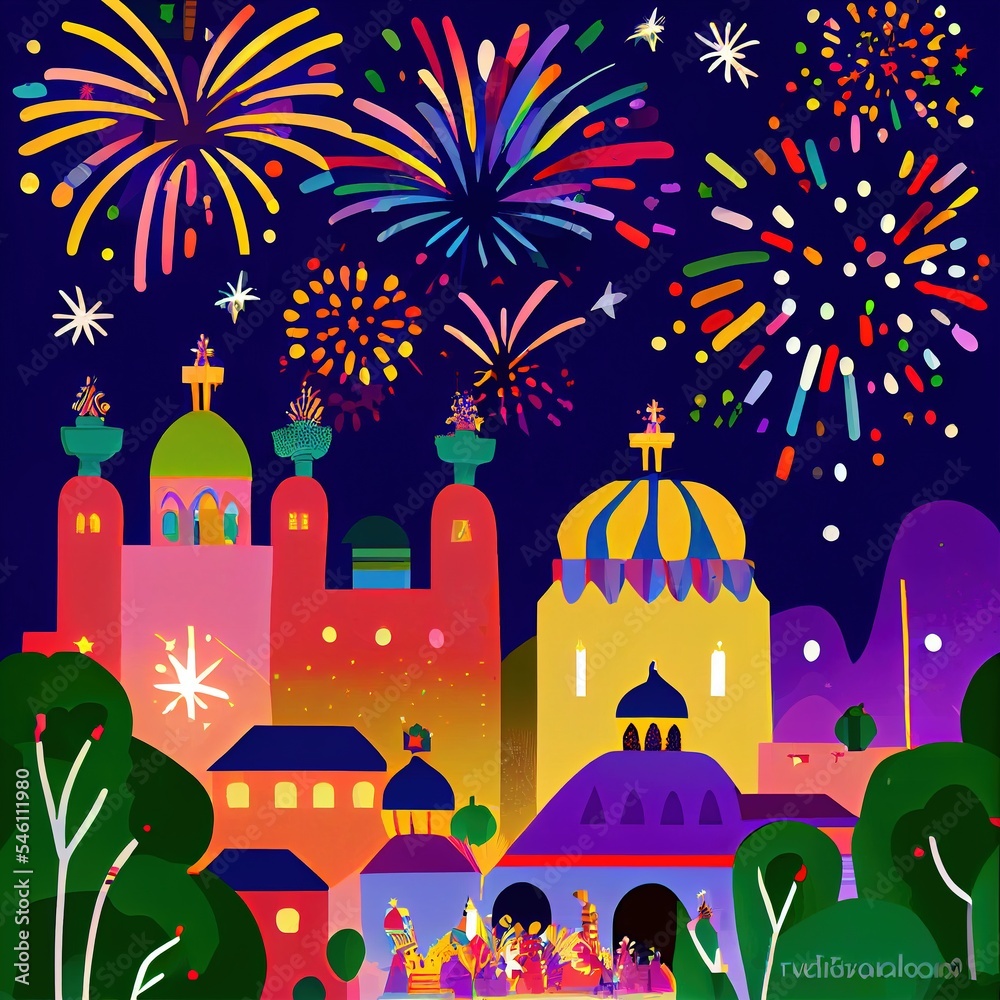 Fototapeta premium New year's fireworks, city landscape generated with Artificial Intelligence
