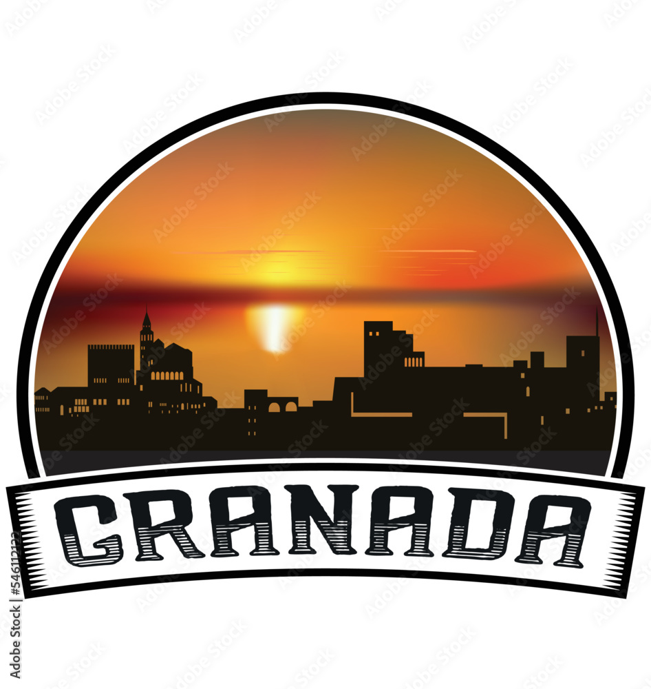 Granada Spain Skyline Sunset Travel Souvenir Sticker Logo Badge Stamp Emblem Coat of Arms Vector Illustration EPS