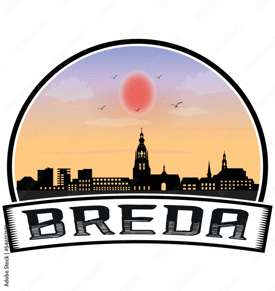 Breda Netherlands Skyline Sunset Travel Souvenir Sticker Logo Badge Stamp Emblem Coat of Arms Vector Illustration EPS