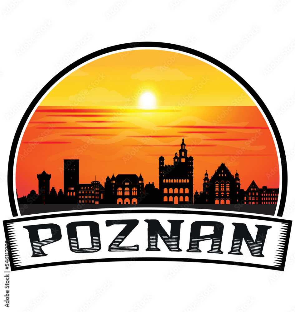 Poznan Poland Skyline Sunset Travel Souvenir Sticker Logo Badge Stamp Emblem Coat of Arms Vector Illustration EPS